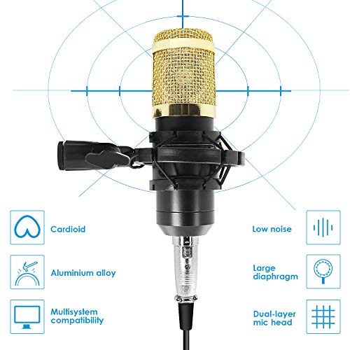Professional Studio Broadcasting Recording Condenser Microphone, Geekroom Adjustable Recording Microphone Suspension Scissor Arm Stand with Shock Mount and Mounting Clamp Kit
