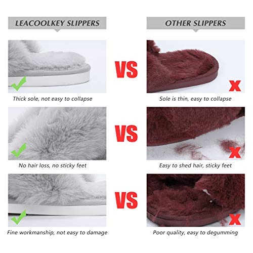 LEACOOLKEY Women Cross Band Slippers, Soft Plush Fleece Slippers,Cushioned Memory Foam Furry Cozy Open Toe House Shoes, Indoor Outdoor Faux Rabbit Fur Comfy Slippers