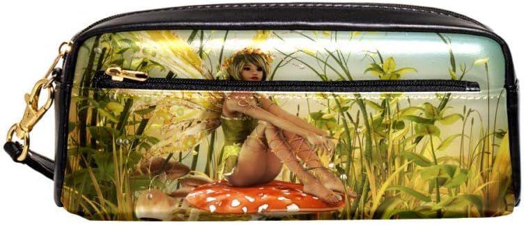 Fairy Red Mushroom Green Sunbeams Landscape Pencil Organizer PU Leather Makeup Bag Cosmetic Bags for Women&Ladies