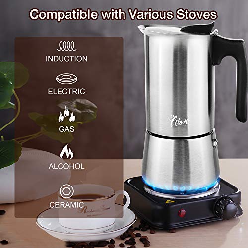 Espressokocher Induktion geeignet Edelstahl Mokkakanne 300ml/ 6 Tassen Espresso Maker Set mit Ersatz-Dichtung Untersetzer Löffel Bürste und Tasche – Bild 7