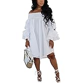 WOKANSE Women's Casual Plus Size Shirred Dresses Off Shoulder Bell Sleeves Ruffle Loose Stretchy Neck Midi Dress