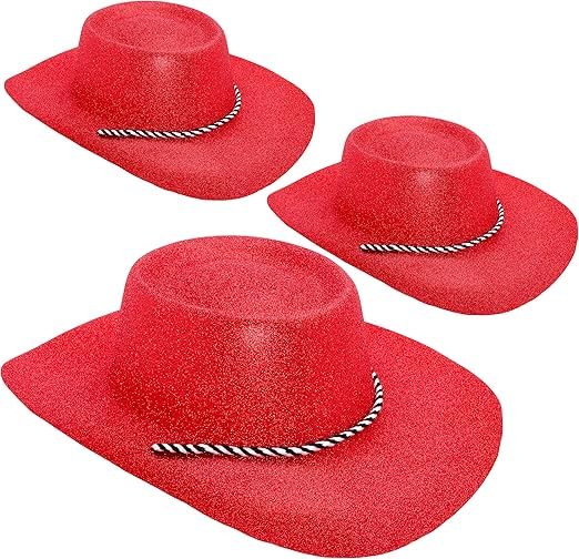 Toyland® Pack of 3-34cm (13") Red Glitter Cowboy Hats - Festivals, Concerts, Fancy Dress & Hen Do Accessories - 10 Colours Available