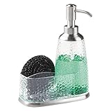 mDesign Rain Soap Dispenser and Sponge Caddy Organizer for Kitchen Sink Countertops - Clear/ Brushed