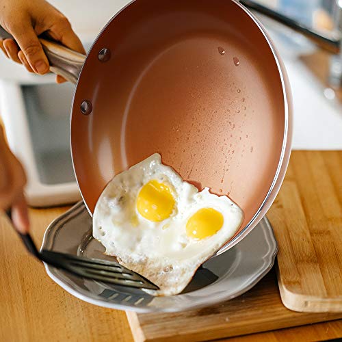 SHINEURI Nonstick Frying Pan Copper Pan with Stainless Steel Handle Round Frying Pan for Broiling Steaming and Braising, Dishwasher Safe PFOA PTFE Free (9.5 inch)