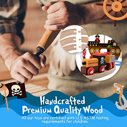 image for Pidoko Kids Pirate Theme Wooden Train Set - 72 Pcs - Includes Magnet F