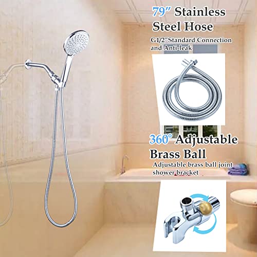 Shower Head, ElfElfElf 6 Settings 4.8 Inches High Pressure Detachable Handheld Showerhead,with 2.0Meter/79Inches Extra Long Hose and 360° Adjustable Brass Wall Joint Bracket & Adhesive Shower Brackets