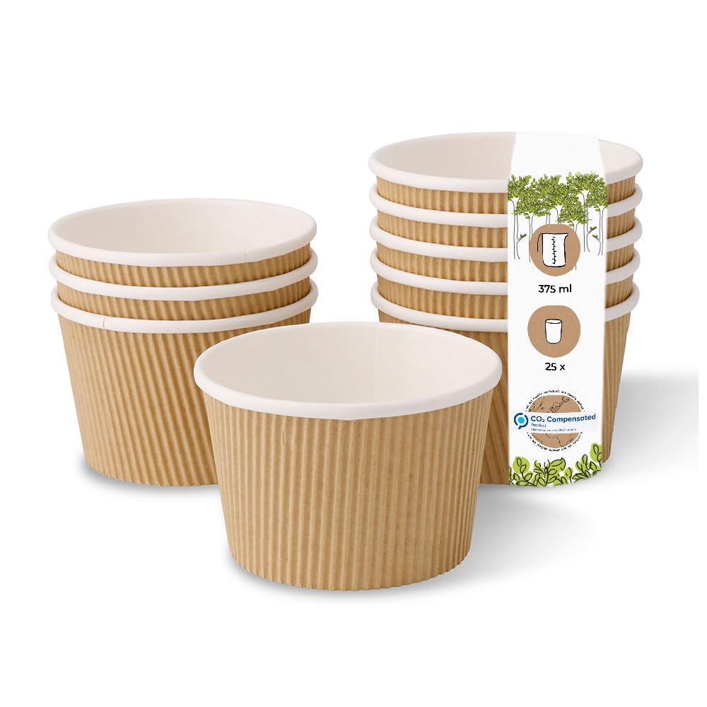 BIOZOYG one-Way Bio Soup Cup Soup to Go Disposable Dishes I Corrugated Kraft Board with Water-Based Inner Barrier on The Inside White/Brown, Unbleached I 25 Single-use beakers compostable 375 ml