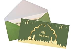 ONMLKKD 10 Eid Mubarak Envelopes Eidi Envelopes for Cash for Kids for Eid Al-Fitr or Eid Al-Adha 6.3" x 3.1" (Green)