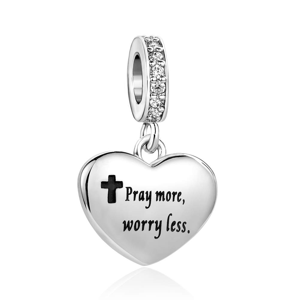 Black Cross Bible Verse Love Heart Dangle Charm Compatible with Pandora Charms Bracelets Pray More Worry Less Matthew 6:34