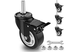COOWOO 3" Stem Caster Wheels with Safety Dual Locking, 5/16" -18 x 1-1/2" Heavy Duty Threaded Stem Casters, No Noise Swivel Castors with Brakes, 250 Lbs Load Capacity Per Caster(Set of 4)