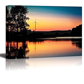 Canvas Prints Wall Art - Wind Turbine and Sunset at Lake in Summer | Modern Wall Decor/Home Art Stretched Gallery Canvas Wraps Giclee Print & Ready to Hang - 12" x 18"