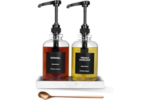 MUVEKA Coffee Syrup Dispenser for Coffee Bar, Glass Syrup Dispenser with Pump, Coffee Syrup Pump Dispenser Bottle with Tray, Spoon for Coffee Station, Coffee Bar Organizer, Black,16.9 oz, 500 ml