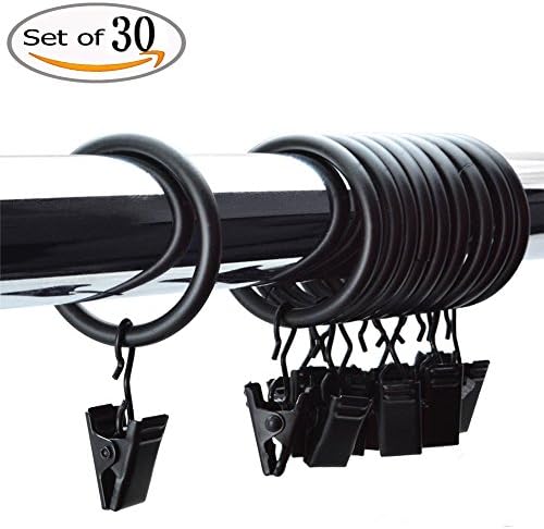 Pack of 30 Rustproof Metal Curtain Drapery Rings with Clips 1.5" Extra Thick - Plating Black