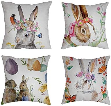 4-Pack Hello Spring Easter Throw Pillow Cover Vintage Bicycle Flower Cushion Case 18 x 18 Inch for Home Sofa Decorative