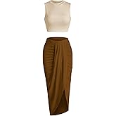 ZAFUL Women's Casual Sleeveless Summer Two Piece Outfits Crop Top and Side Split Draped Ruched Maxi Skirt Set Solid Suiting
