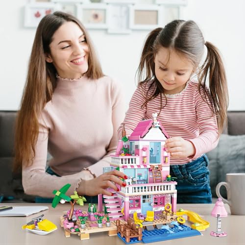 Uniiking® 822 PCS Beach House Building Set, Pink Girls Seaside Beach Villa Friends Building Set Compatible with Le-go Friends Construction Educational Toy for Kids Age 8-12 and Up