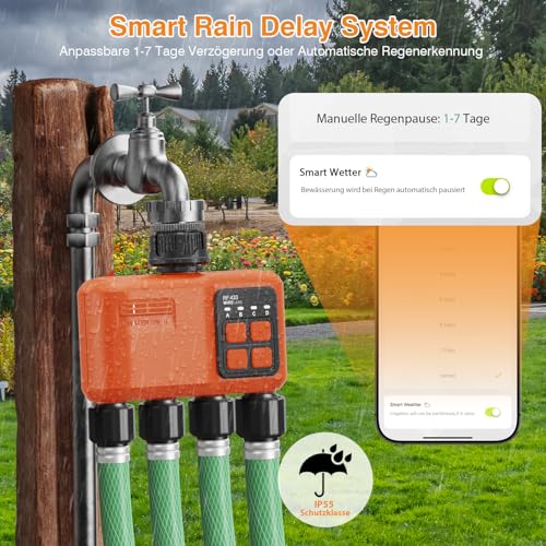 XinFuture Irrigation Computer WLAN 4 Outputs with 300 m RF, Strong Wall Penetration, Automatic Smart Watering Clock with APP/Voice Control, Irrigation System Rain Delay for Garden