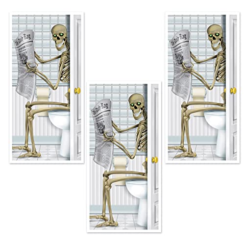 Beistle Skeleton Restroom Door Covers, 5’ x 30”, 3 Pieces – Spooky Halloween Party Decor - Bone Chilling Design – Easily Display – Plastic for Indoor & Outdoor Use - Bathroom Accessories
