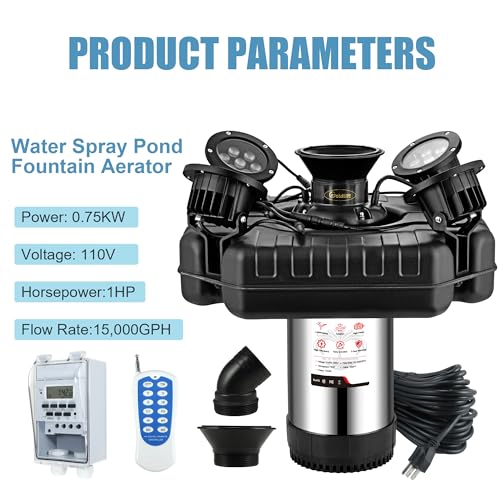 Goldlife Pond Fountain Aerator, F3 With 4 RGB Lights, 1HP 750W 110V Stainless Steel Floating Fountain With 100FT Power Cord Black Octagon Aerating Fountain Pump for Small Large Pond Lake Pool FishFarm