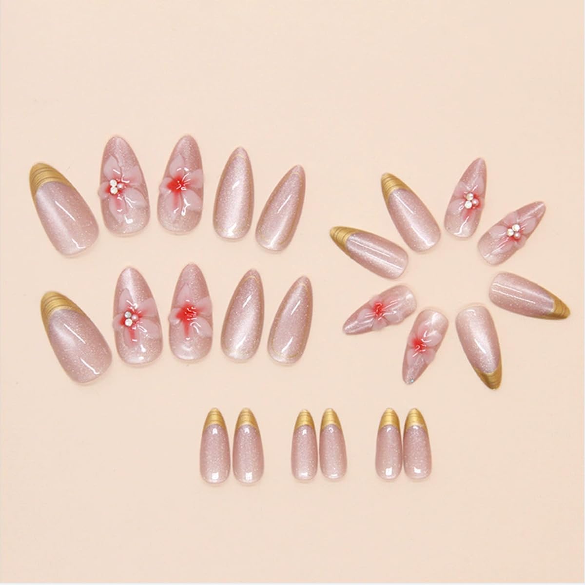 24Pcs Gold French Tip Press on Nails Medium Almond Fake Nails Luxury 3D Flower False Nails with Rhinestones Designs Elegant Sparkly Acrylic Nails Full Cover Flowers Glue on Nails for Women Girls - Image 6