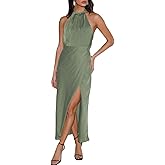 BEOVR 2026 Summer Satin Halter Neck Backless Slit Midi Dresses Elegant Cowl Back Ruched Wedding Guest Maxi Dress for Women
