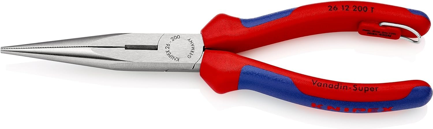 KNIPEX 26 12 200 T Snipe Nose Side Cutting Pliers (Stork Beak Pliers) with tether attachment point black atramentized with multi-component grips, with integrated tether attachment point for a tool tether 200 mm