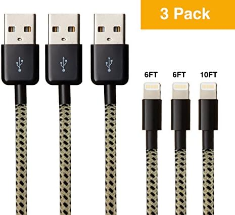 CRE8 IT IPHONE CHARGER CABLES 8 PIN LIGHTNING TO USB Charging Cables–Nylon Braided-Fast Charging 2.4 A (3 PACK) 2x6FT/10FT Compatible With iPhone X/8/8plus/7/7plus/6/6 plus/5S iPad/iPod (Gold/Black)