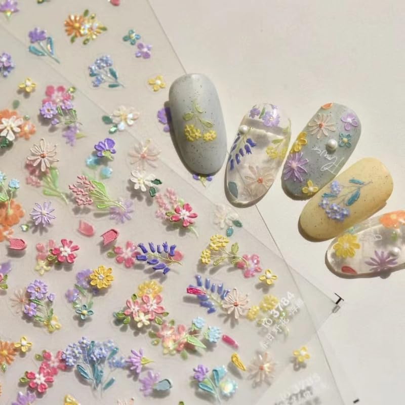 Photo 1 of ???2?Sheets Colorful Spring Wildflower Nail Stickers for Women Stylish 3D Relief Floral Manicure Art Decals Exquisite DIY Art Stickers for Nail Enthusiasts