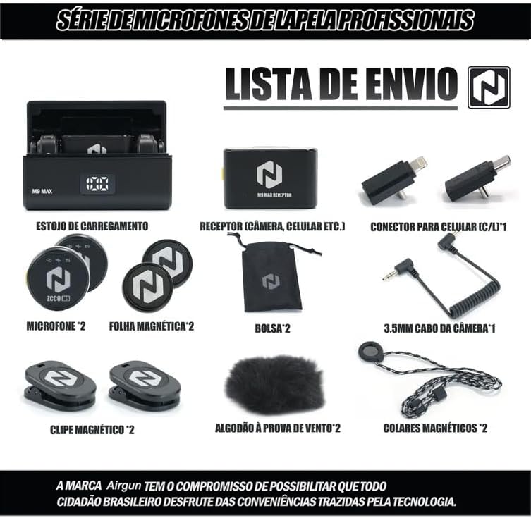 Microfone Lapela Sem Fio Magnético Completo m9 Max para YouTube, TikTok, Podcast e Vlogs