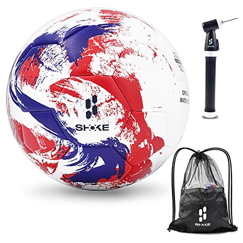 SHOKE Soccer Ball Size 5 Thermal-Bonding Hold Air Water-Resistant, Official Match Soccer Balls for Training Outdoor Sports Rebound Height 51.18-53.15 inch with Pump and Mesh Bag