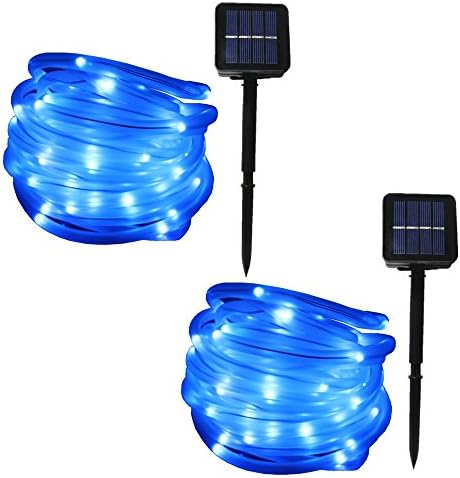 2-Pack JulyFire Blue 16.5 ft 50 LED Solar Outdoor Christmas Rope Lights, Waterproof, with Light Sensor, For Halloween Party Pool Roof Deck Festival Garden Wedding Decoration (Blue)