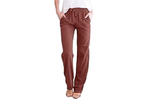 FSWGJFJJ Cotton Linen Pants for Women Straight Leg Drawstring Long Trouser Loose Fit High Waist Beach Pants with Pockets