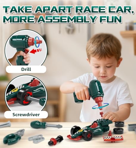 Lehoo Castle Tool Box for Children 2 3 Years, Montessori Toy for Boys 3 4 5 Years with Drill and Removable Racing Cars, Workbench Case Educational Gift for Children Role Play