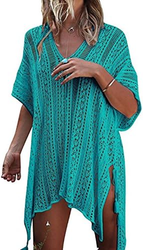 CXINS Women’s V Neck Bathing Suit Knitted Cover Up Hollow Out Beach Bikini Swimsuit Swimwear Crochet Dress Size OneSize Green