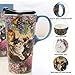 CEDAR HOME Travel Coffee Ceramic Mug Porcelain Latte Tea Cup With Lid 17oz. Flower and Cat