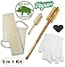 Dry Brush & Skin Exfoliating Set - VEGAN. NO Boar Bristles - Natural 5 in 1 kit - Body Brush, Foot Brush & Pumice Stone, Loofah Back Scrubber, Face Konjac Sponge, Bath Gloves. Reduce Cellulite