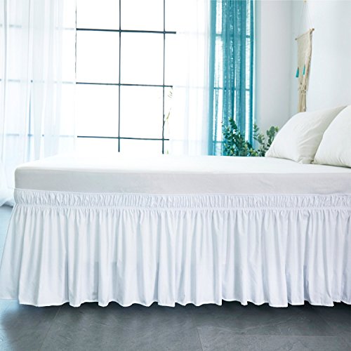 Cozylife Three Fabric Sides Wrap Around Elastic Solid Bed Skirt, Easy On/Easy Off Dust Ruffled Bed Skirts 14 Inch Tailored Drop (White,Full/Queen)