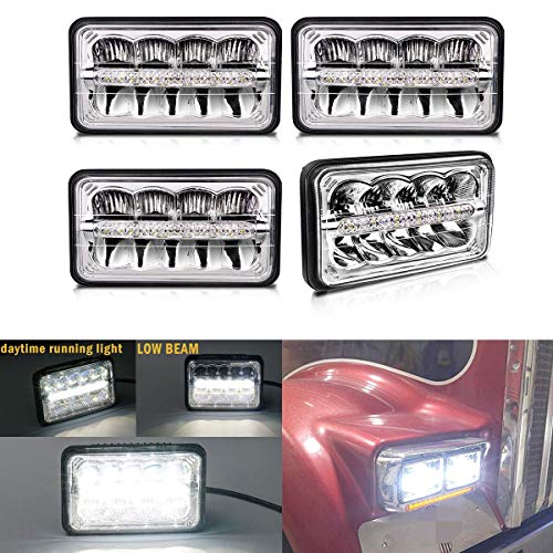 4PCS Square 4X6 Inch LED Headlights Replacement for Peterbil Kenworth GMC Ford Chevy Oldsmobile Trucks T-Former 4 x 6″ High/Low Beam DRL Replace H4651 H4652 H4656 H4666 H6545 Headlight