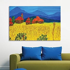 of Colorful Oil Painting of a Village Next to Mountains
