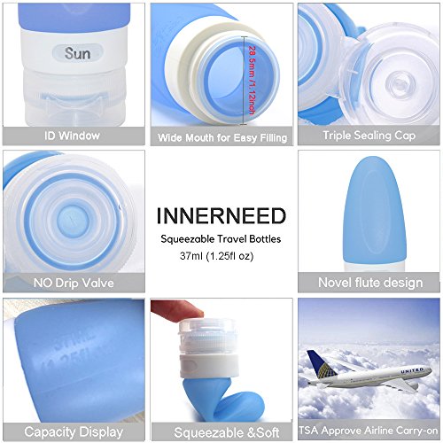 INNERNEED Portable Leakproof Silicone Travel Bottle Set Refillable Squeezable Bottle Labeled Container (1.25oz)