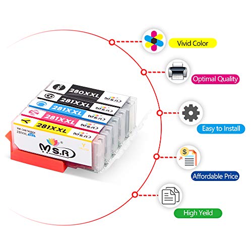 MSR Compatible Ink Cartridge Replacement for Canon PGI-280XXL CLI-281XXL PGI 280 XXL CLI 281 XXL for PIXMA TR7520 TR8520 TS6120 TS6220 TS8120 TS8220 TS9120 TS9520 TS9521C Printer (5 Pack)
