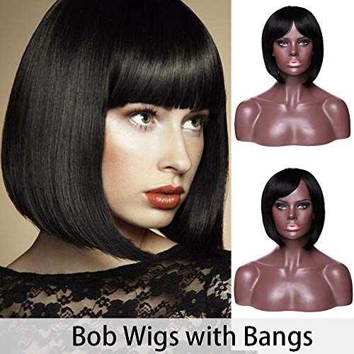 Short Bob Wig With Bangs Human Hair Glueless Natural Black Straight Wigs 100% Brazilian Virgin Human Hair Full Machine Made NO Lace Wigs With Swept Side Bangs 130% Density（10inch）