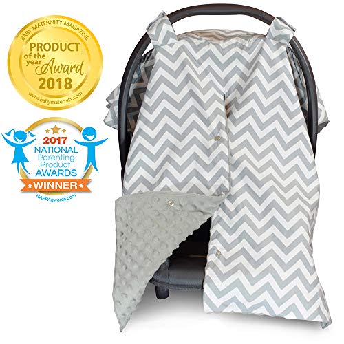 2 in 1 Carseat Canopy and Nursing Cover Up with Peekaboo Opening | Large Infant Car Seat Canopy for Girl or Boy | Best Baby Shower Gift for Breastfeeding Moms | Chevron Pattern with Grey Minky (What's The Best Car Seat)