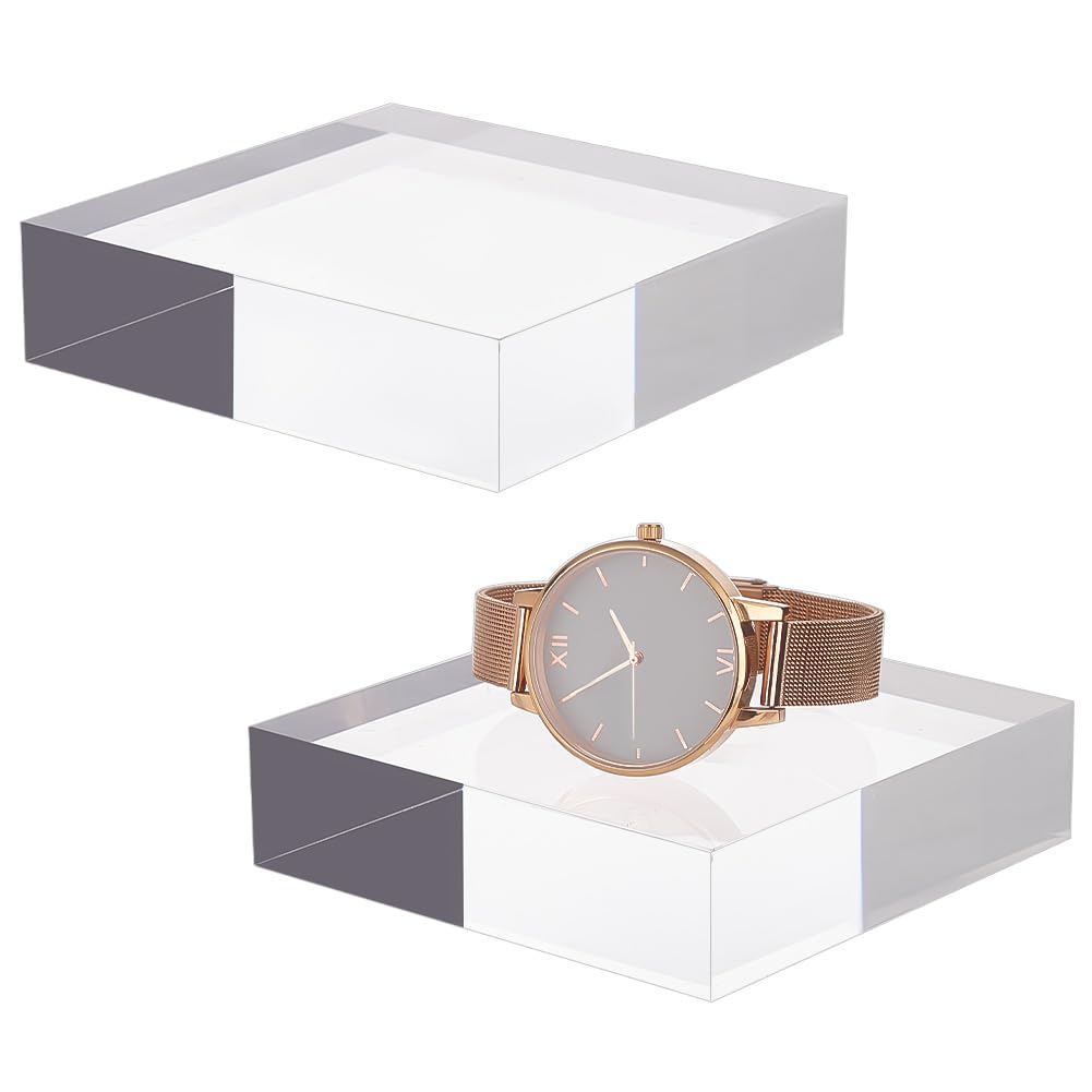 OLYCRAFT 1" H X 4" W X 4" D Clear Acrylic Cube Set of 2 Square Polished Acrylic Display Blocks Polished Edge Clear Acrylic Square Display Base for Display Stands