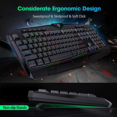 PICTEK RGB Gaming Keyboard USB Wired Keyboard, Crater Architecture Backlit Computer Keyboard with 8 Independent Multimedia Keys, 25 Keys Anti-ghosting, Splash-Proof, Ideal for PC/Mac Game, Black