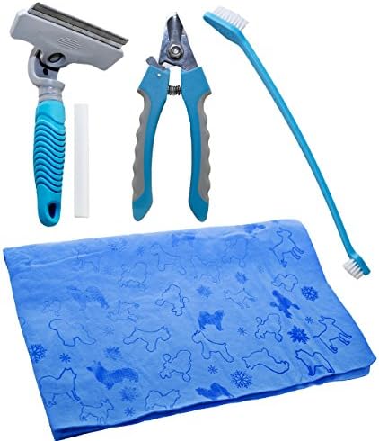Pet Bath Care Kit Nail - Claw clipper, Shedding Brush, Double headad Toothbrush and Quick Drying Towel Set includes tools for any size of animal - small, medium, large dog cat ferret etc.