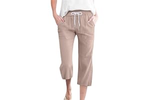 FSWGJFJJ Capri Pants for Women Casual Drawstring Elastic High Waist Linen Pants 2024 Summer Wide Leg Plus Size Lounge Capris