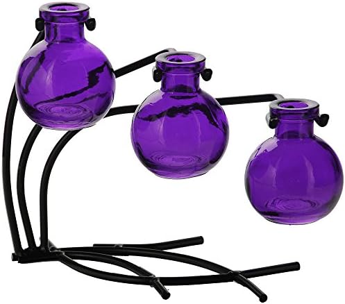 M504-200-21 Casablanca Three Recycled Glass Vases & Metal Stand, 7 1/2", Violet, 1 Piece