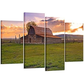 Kreative Arts Vintage Barn in Rural Wyoming Canvas Print Wall Art USA Grand Teton National Park Landscape 4 Pieces Paintings Modern Giclee Stretched and Framed Artwork for Living Room Decor