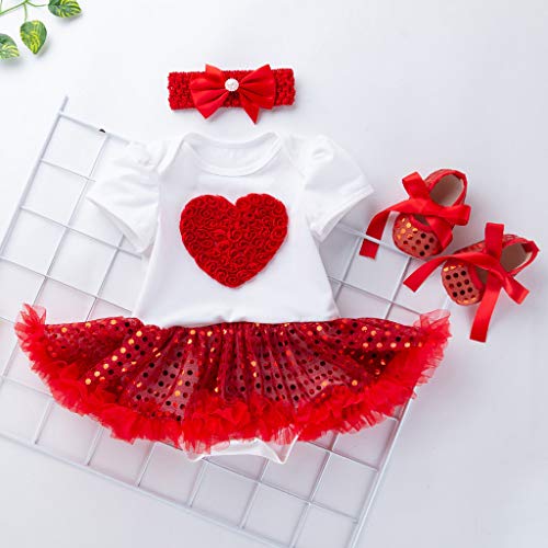 Jshuang 3 Pcs Valentine's Day Dress Girls Short Sleeve Heart Sequins Love Paillette Dresses Shoes Outfits Set
